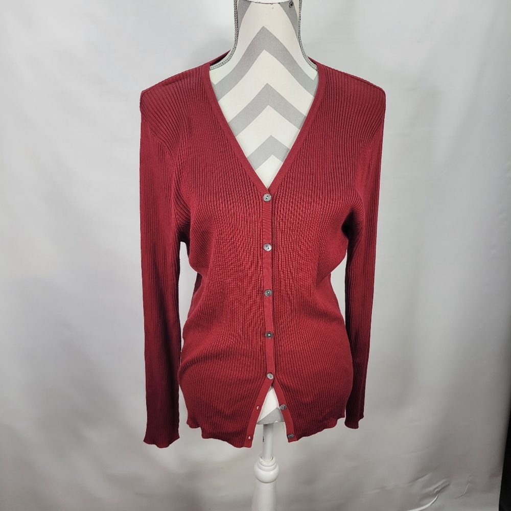 Pendleton Plus 100% Silk dark Red Ribbed Cardigan Size 1X V neck Light weight